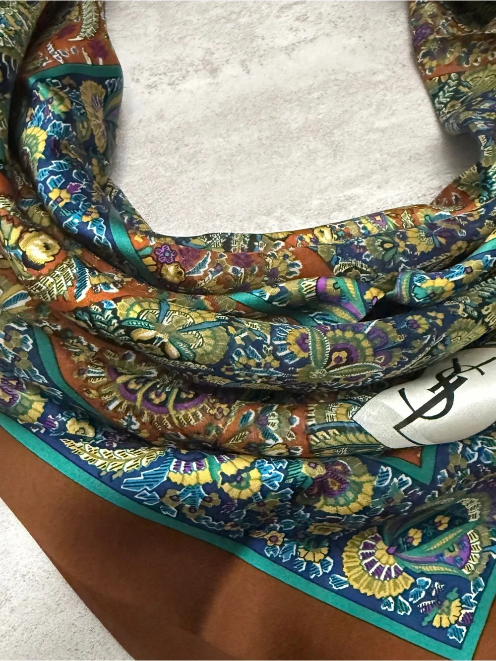 Yves Saint Laurent Multicolor Paisley Silk Scarf with Teal and Orange Accents